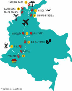 Gruppenreisen für Alleinreisende & Erlebnisreisen I Kolumbien Reiseroute Kolumbien